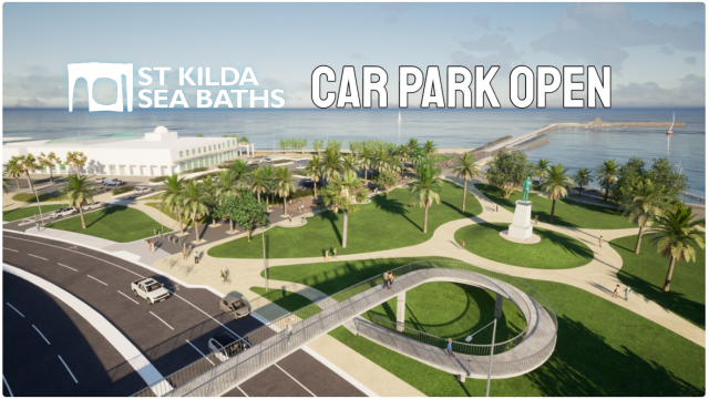 New St Kilda Pier Landside works rendering 1 Sept 2025 CAR PARK OPEN